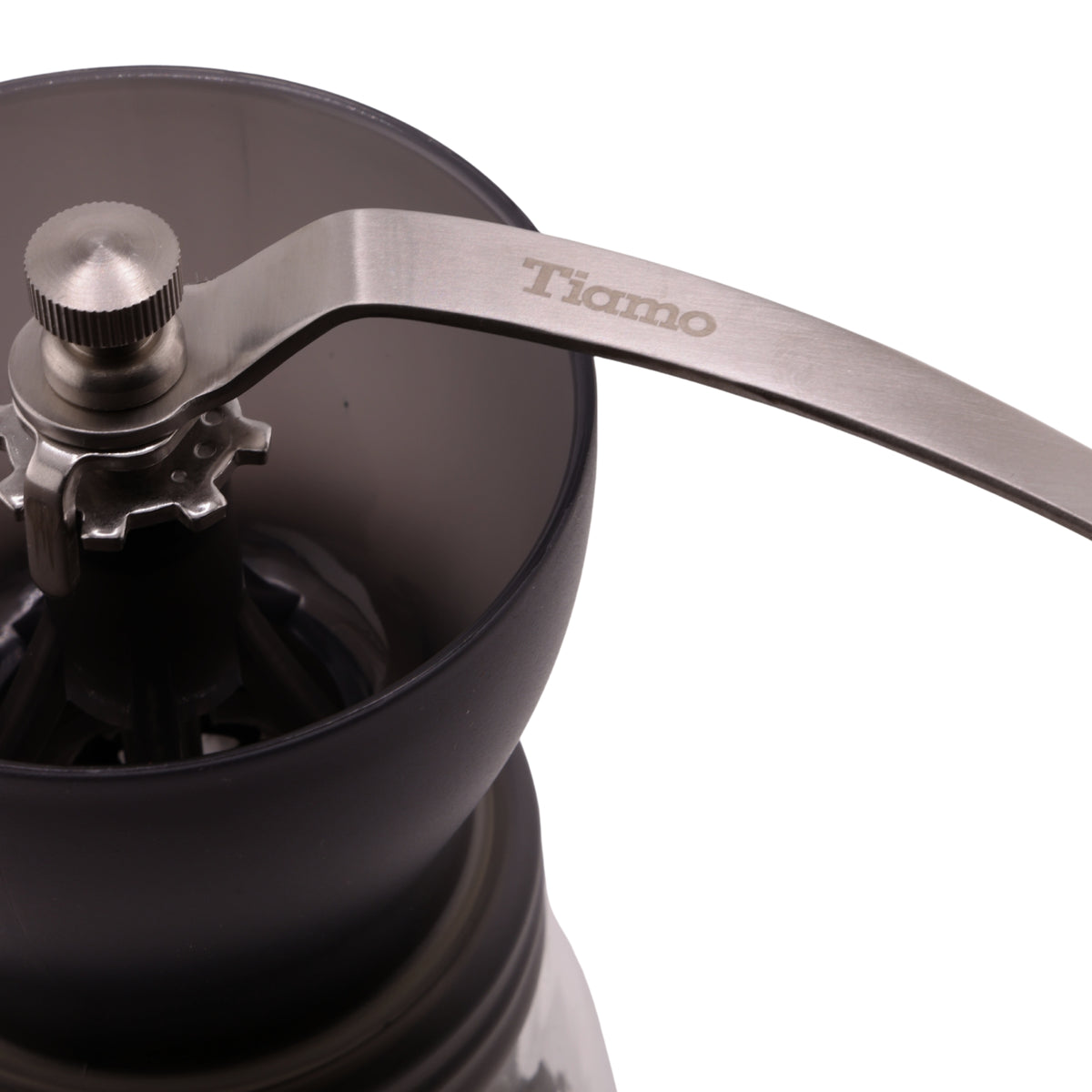 Close-up of the Cafe De Tiamo hand grinder handle