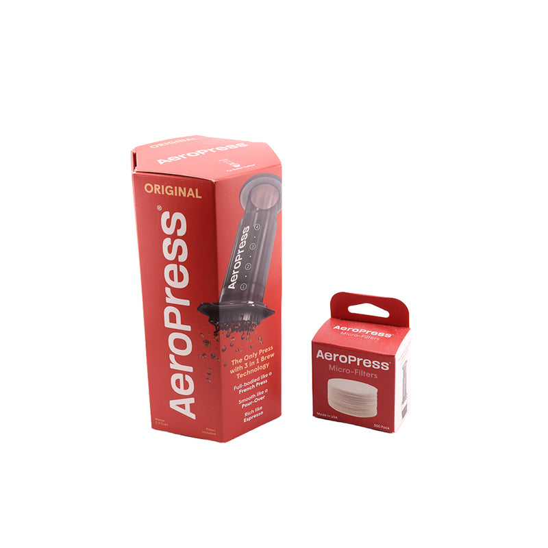 Original AeroPress box with a pack of filter papers
