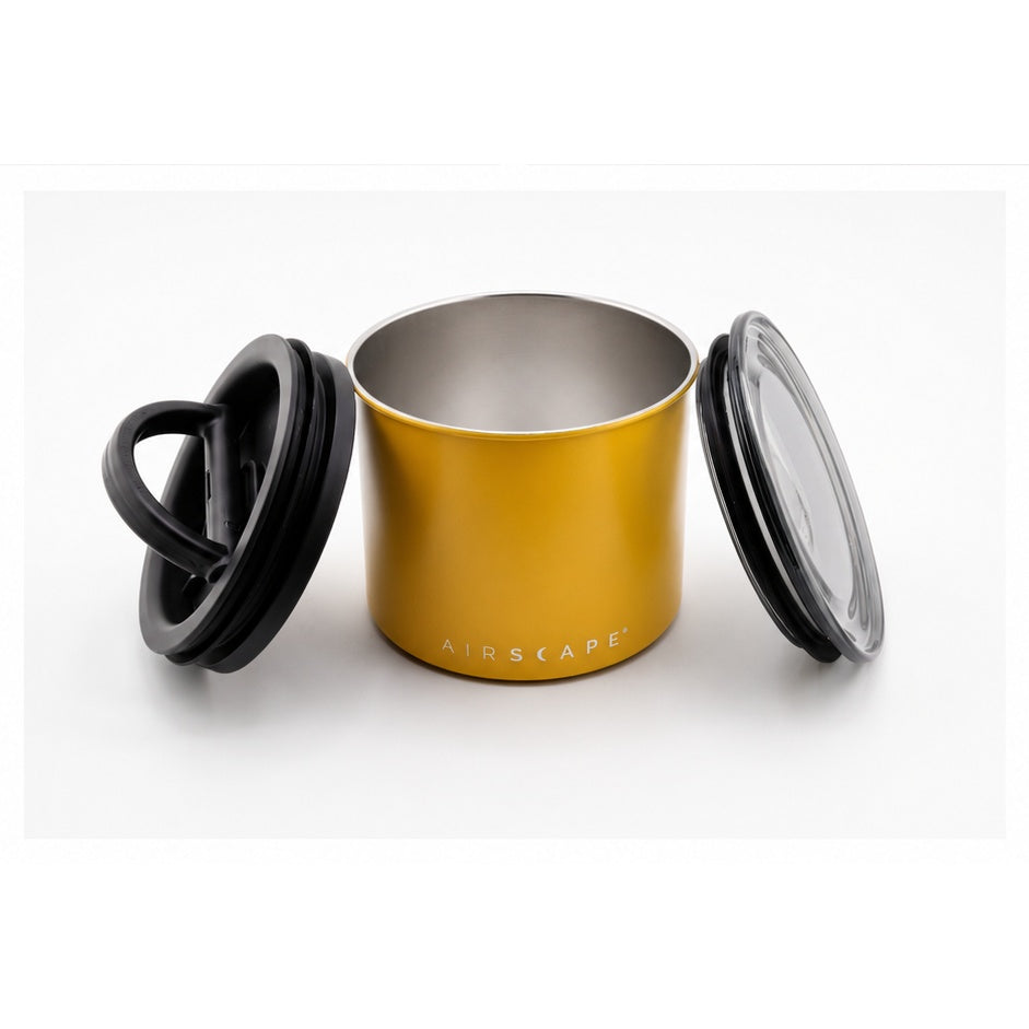 Airscape coffee canister with plunger lid and outer lid removed