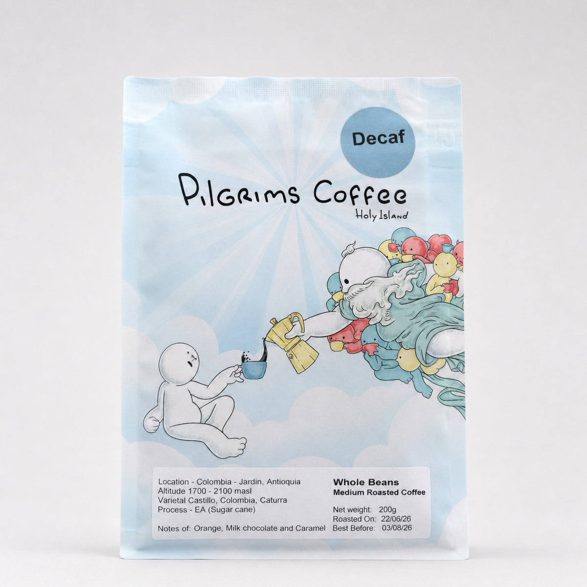 Decaf Coffee bag by Pilgrims Coffee, Holy Island