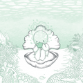 Pilgrims Single Origin label illustration: a character sipping coffee inside a seashell